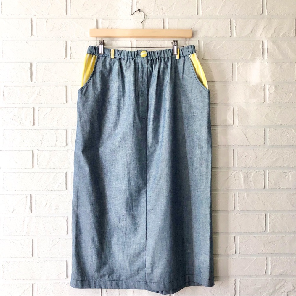 Vintage chambray elastic waist yellow accent skirt